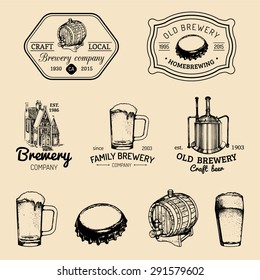 Old brewery logos set. Kraft beer retro signs or icons with hand sketched glass, barrel, mug, kettle, cap. Vector vintage ale, lager labels or badges.