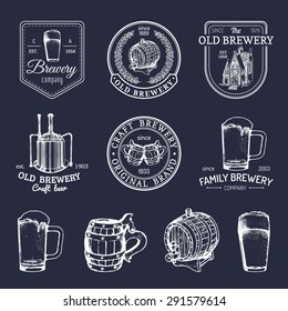 Old brewery logos set. Kraft beer retro signs or icons with hand sketched glass, barrel, mug, kettle. Vector vintage ale, lager labels or badges.