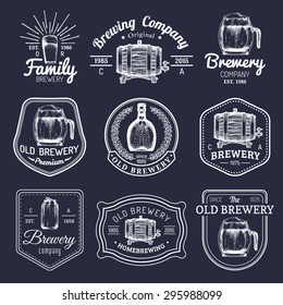 Old brewery logos set. Kraft beer retro signs or icons with hand sketched glass, barrel, mug, can, bottle, herbs and plants. Vector vintage labels or badges.
