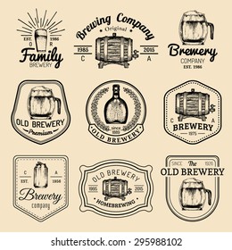 Old brewery logos set. Kraft beer retro signs or icons with hand sketched glass, barrel, mug, can, bottle, herbs and plants. Vector vintage labels or badges.