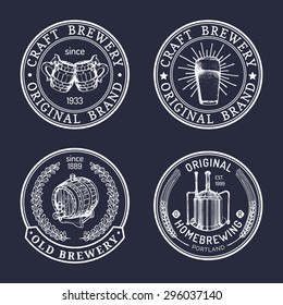 Old brewery logos set. Kraft beer retro signs or icons with hand sketched glass, barrel, bottle, mug, kettle, herbs and plants. Vector vintage labels or badges.