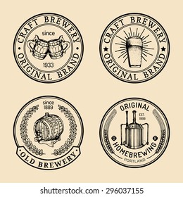Old brewery logos set. Kraft beer retro signs or icons with hand sketched glass, barrel, bottle, mug, kettle, herbs and plants. Vector vintage labels or badges.