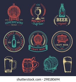 Old brewery logos set. Kraft beer retro signs or icons with hand sketched glass, barrel, bottle, mug, herbs and plants. Vector vintage labels or badges.