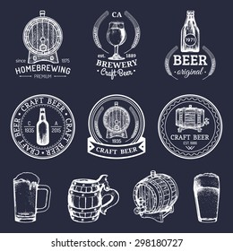 Old brewery logos set. Kraft beer retro signs or icons with hand sketched glass, barrel, bottle, mug, herbs and plants. Vector vintage labels or badges.