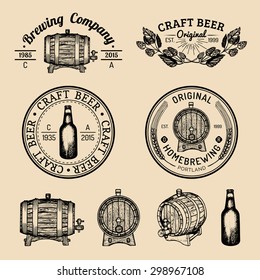 Old brewery logos set. Kraft beer retro signs or icons with hand sketched glass, barrel, bottle, mug, herbs and plants. Vector vintage labels or badges.