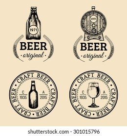 Old brewery logos set. Kraft beer retro signs or icons with hand sketched glass, barrel, bottle. Vector vintage lager, ale labels or badges.