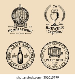 Old brewery logos set. Kraft beer retro signs or icons with hand sketched glass, barrel, bottle. Vector vintage lager, ale labels or badges.