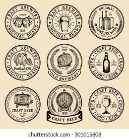 Old brewery logos set. Kraft beer retro signs or icons with hand sketched glass, barrel, bottle, mug, brewing plants, kettle. Vector vintage ale, lager labels or badges.