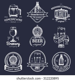 Old brewery logos set. Kraft beer retro signs or icons with hand sketched glass, barrel, bottle, mug, brewing plants. Vector vintage labels or badges.