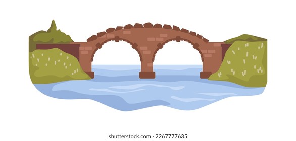 Old brick bridge above river stream. Viaduct and aqueduct connecting lands or banks. Ancient architecture and city infrastructure. Vector in flat style svg