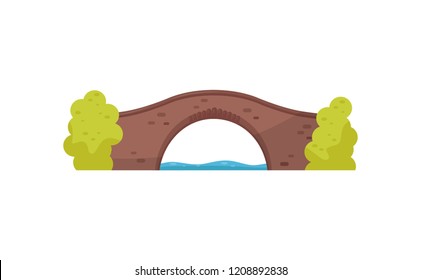 Old brick bridge and green bushes. Walkway across the river. Architecture theme. Flat vector for mobile game or map of city park
