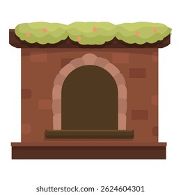 Old brick building with green roof growing grass and flowers, empty opening with arch and small window, isolated on white