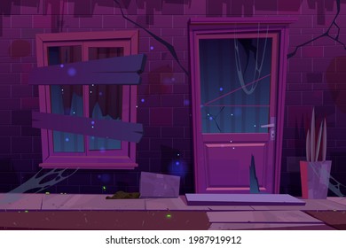 Old brick house facade with broken door and boarded up window at night. Vector cartoon illustration of abandoned residential building with cracks in wall and door glass