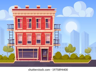 Old Brick House With Fire Escape And Shop On City Street. Residential Building With Ladder Outside, Apartments And Store Showcase. Vector Cartoon Town Landscape With Retro House Facade