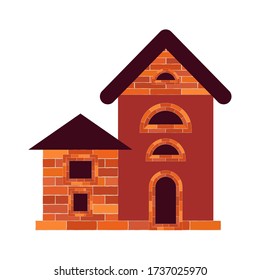 An old brick house with windows and a door on the foundation is isolated on a white background. Red and brown. Vector illustration for web design or print.
