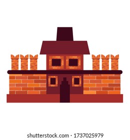 Una antigua casa de ladrillo con ventanas y una puerta en el cimiento está aislada en un fondo blanco. Rojo y marrón. Ilustración vectorial para diseño web o impresión.