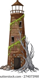 Old brick lighthouse tower with moss and dead tree, isolated vector illustration on white