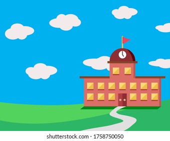 Old Brick school building located on a green hill with blue sky on the background, Vector Illustration.