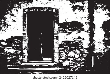 Old brick wall with boarded up wooden boards window. Wall of an abandoned ruined building