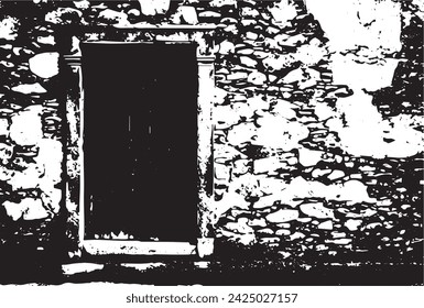 Old brick wall with boarded up wooden boards window. Wall of an abandoned ruined building