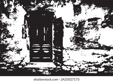 Old brick wall with boarded up wooden boards window. Wall of an abandoned ruined building