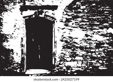 Old brick wall with boarded up wooden boards window. Wall of an abandoned ruined building