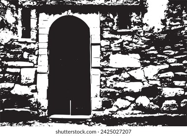 Old brick wall with boarded up wooden boards window. Wall of an abandoned ruined building