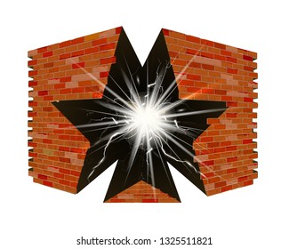Old brick wall with a break in the form of a star. Isolated object.