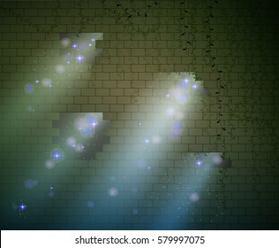old brick wall with holes and rays of lights penetrated and sparkles, Magic moon light, vector 