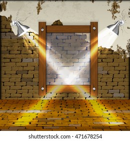 Old brick wall with plaster floors and glowing lamps and wooden frame in the future. You can use any text or image as a frame.