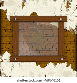 Old brick wall with plaster and wooden frame with glass. You can place any text or image.