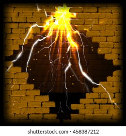 Old brick wall with rift and flash with lightning and sparks. You can use any text or image on a black background.