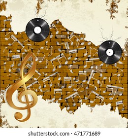 Old brick wall with vinyl records notes and treble clef.