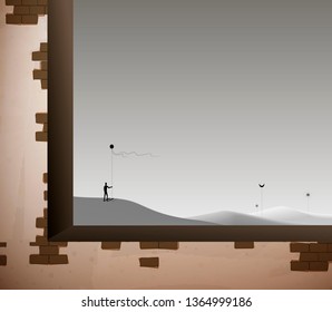 old brick wall windows and empty desert landscape wirh man, dream and reality concept, inside the dream fantasy, vector