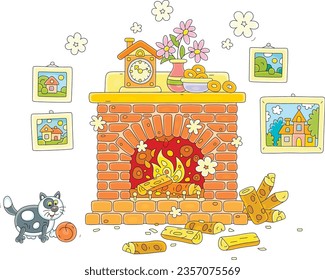 Old bricky fireplace with burning firewood, pretty country pictures, a toy clock and a flower vase on a mantelpiece, a funny cat playing with a wool ball, vector cartoon illustration on white