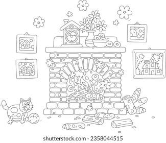 Old bricky fireplace with burning firewood, pretty country pictures, a toy clock and a flower vase on a mantelpiece, a funny cat playing with a wool ball, black and white vector cartoon illustration