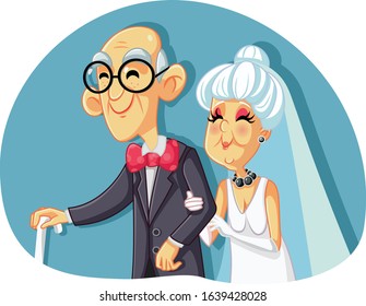 Old Bride And Groom Getting Married Vector Illustration. Elderly Couple Getting Married Looking For Happiness
