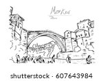 Old Bridge in the city of Mostar in Bosnia and Herzegovina, hand drawn, vector