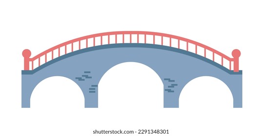 Puente antiguo de ladrillos y hormigón, elementos de madera sobre barandillas. Planificación de la ciudad y construcción de infraestructura, paso y paso de masa fluvial o acuática por debajo. Vector de estilo plano