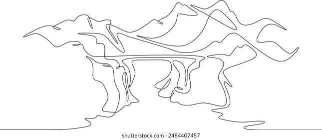 Old bridge over a mountain river. Wooden bridge in the mountains. Rocky mountain landscape. One continuous line. Line art. Minimum one line. White background. One line drawing.