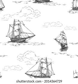 Old brig, seamless pattern graphic sketch hand draw. Sea or ocean transport, marine pirates theme. Vector