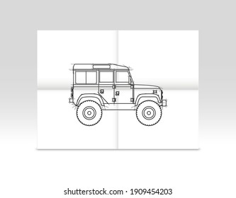 An old British off-road vehicle as a sketch on a sheet of paper 