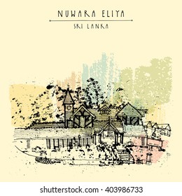 Old British post office historical building in Nuwara Eliya, Hill Country, Sri Lanka, Asia. Travel sketch. Hand-drawn vintage book illustration, touristic postcard or poster template in vector
