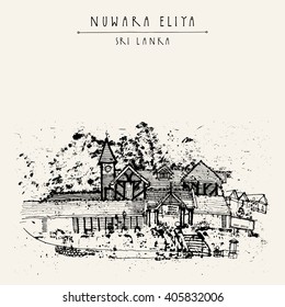 Old British post office historical building in Nuwara Eliya, Hill Country, Sri Lanka, Asia. Travel sketch. Hand-drawn vintage book illustration, touristic postcard or poster template in vector