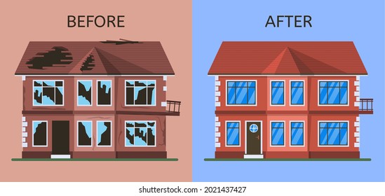 Edificio viejo y roto abandonado antes y después de la renovación. Casa de campo suburbana en construcción con ilustraciones vectoriales. Reparación y renovación de viviendas. Servicio de corrección de propiedades