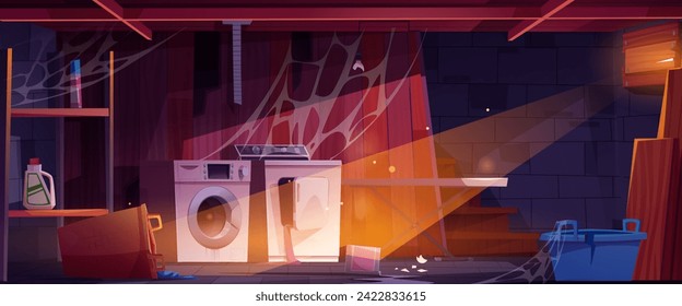 Old broken abandoned house basement room with damaged laundry equipment. Cartoon vector illustration storehouse interior with busted washing and dryer machine, ironing board, shabby shelf and hamper.