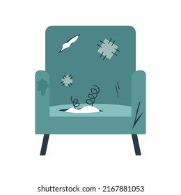 Old And Broken Armchair. Broken Chair With Springs And Holes. Furniture In Garbage Dump. Holey Blue Armchair With Patches. Flat Vector Illustration Isolated On White Background.