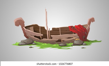 Old broken boat. Vector illustration.