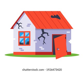 old broken brick house to be demolished. flat vector illustration isolated on white background.