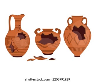 Old broken brown vases vector illustrations set. Ceramic jug archaeological artefacts. Collection of antique ceramic, clay jugs or pots isolated on white. Pottery, damage, history, archeology concept